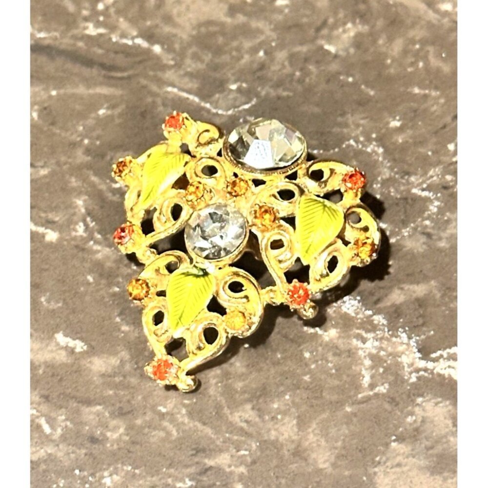 RIVOLI AB ART DECO BROOCH OR PENDANT GOLD GREEN ENAMEL AMBER RHINESTONES MCM EUC - Picture 6 of 7
